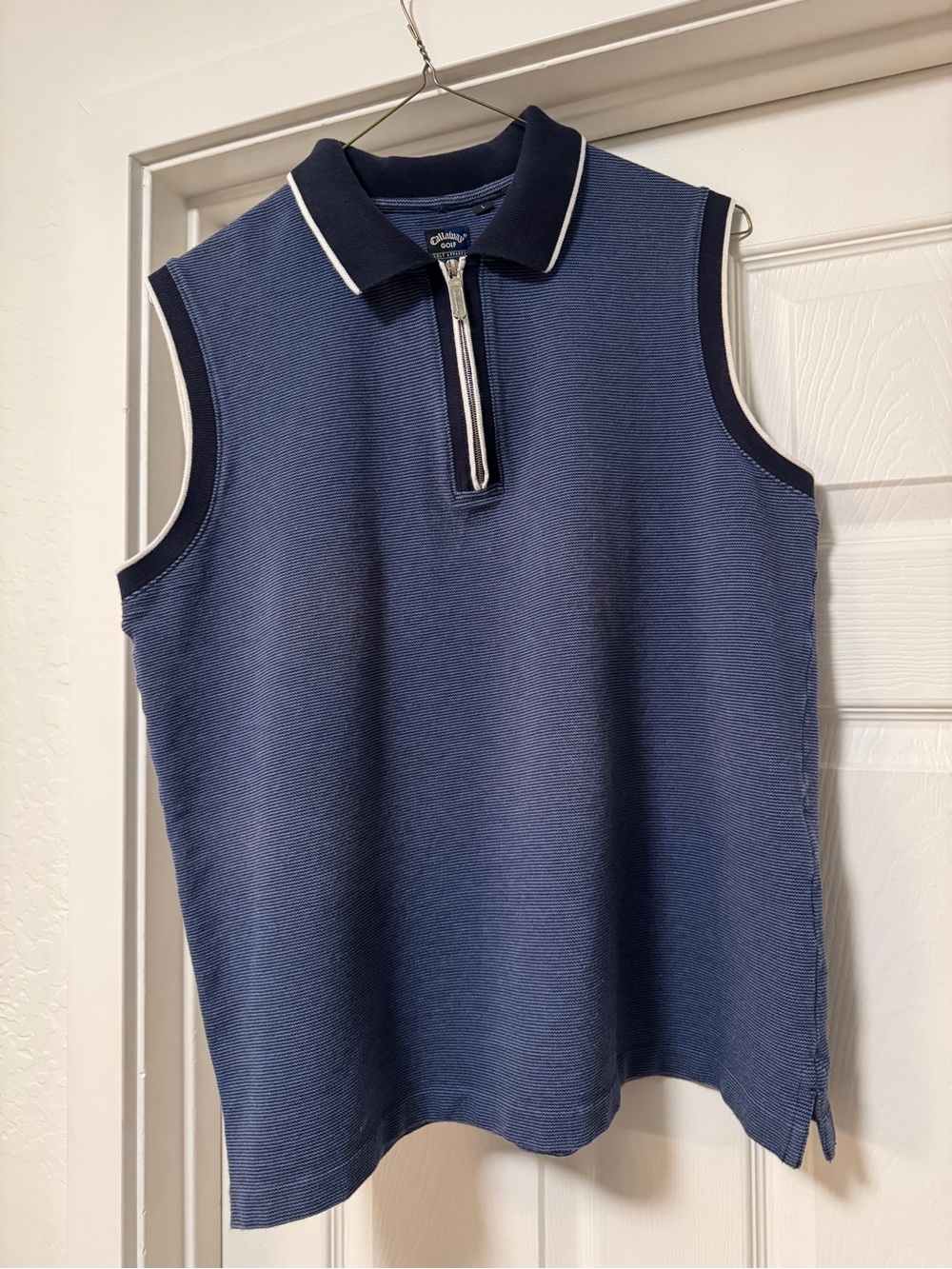 Callaway Ladies Blue Sleeveless Zip Polo with Navy and White Trim